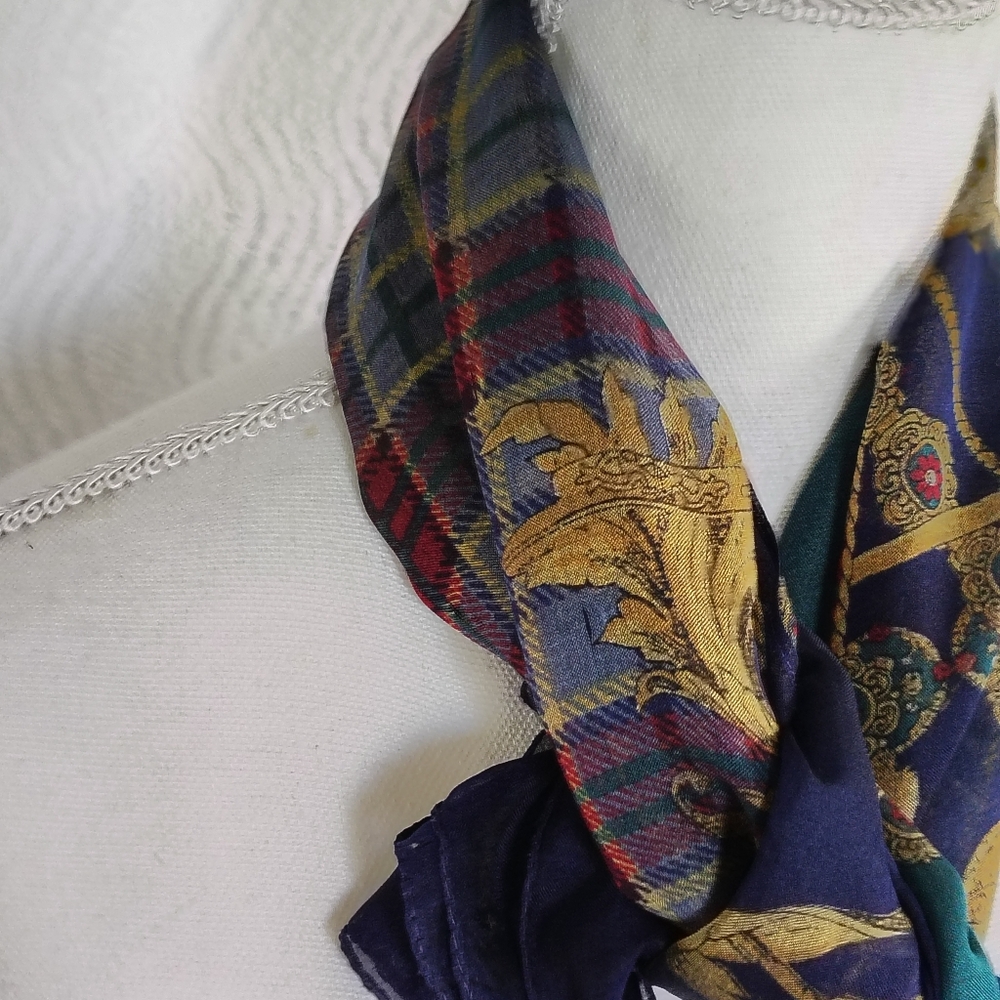 Compagnie Internationale Express Equestrian Plaid Gold Filigree Scarf Old Money - Picture 5 of 17